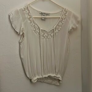 American Rag Cie Sheer White Crochet Cinched Flowy Sleeve Top